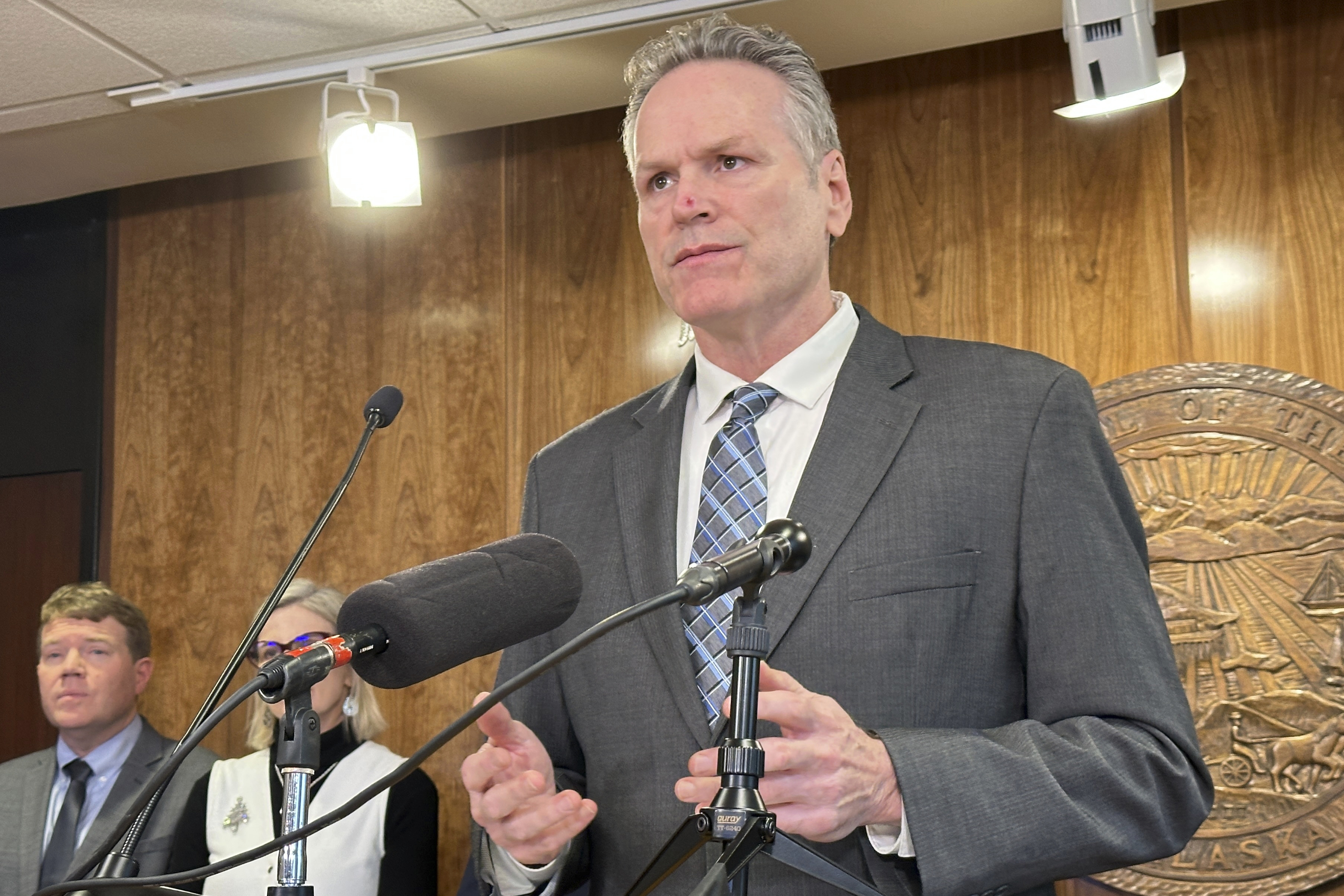 Alaska Gov. Mike Dunleavy (R) holds a news conference. Alaska Gov. Mike Dunleavy (R) holds a news conference.