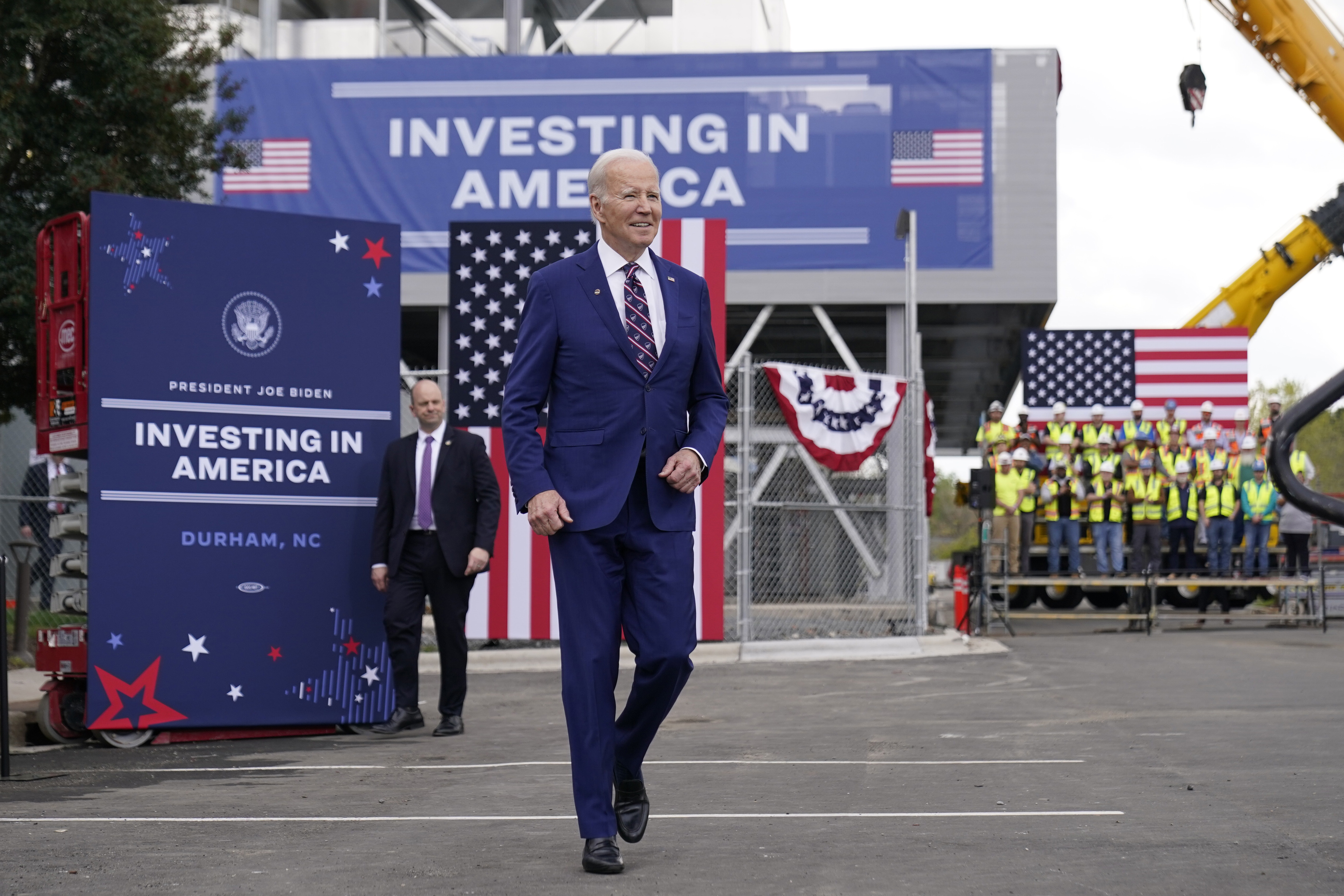 President Joe Biden arrives at the Wolfspeed semiconductor manufacturing company to speak about jobs. President Joe Biden arrives at the Wolfspeed semiconductor manufacturing company to speak about jobs.
