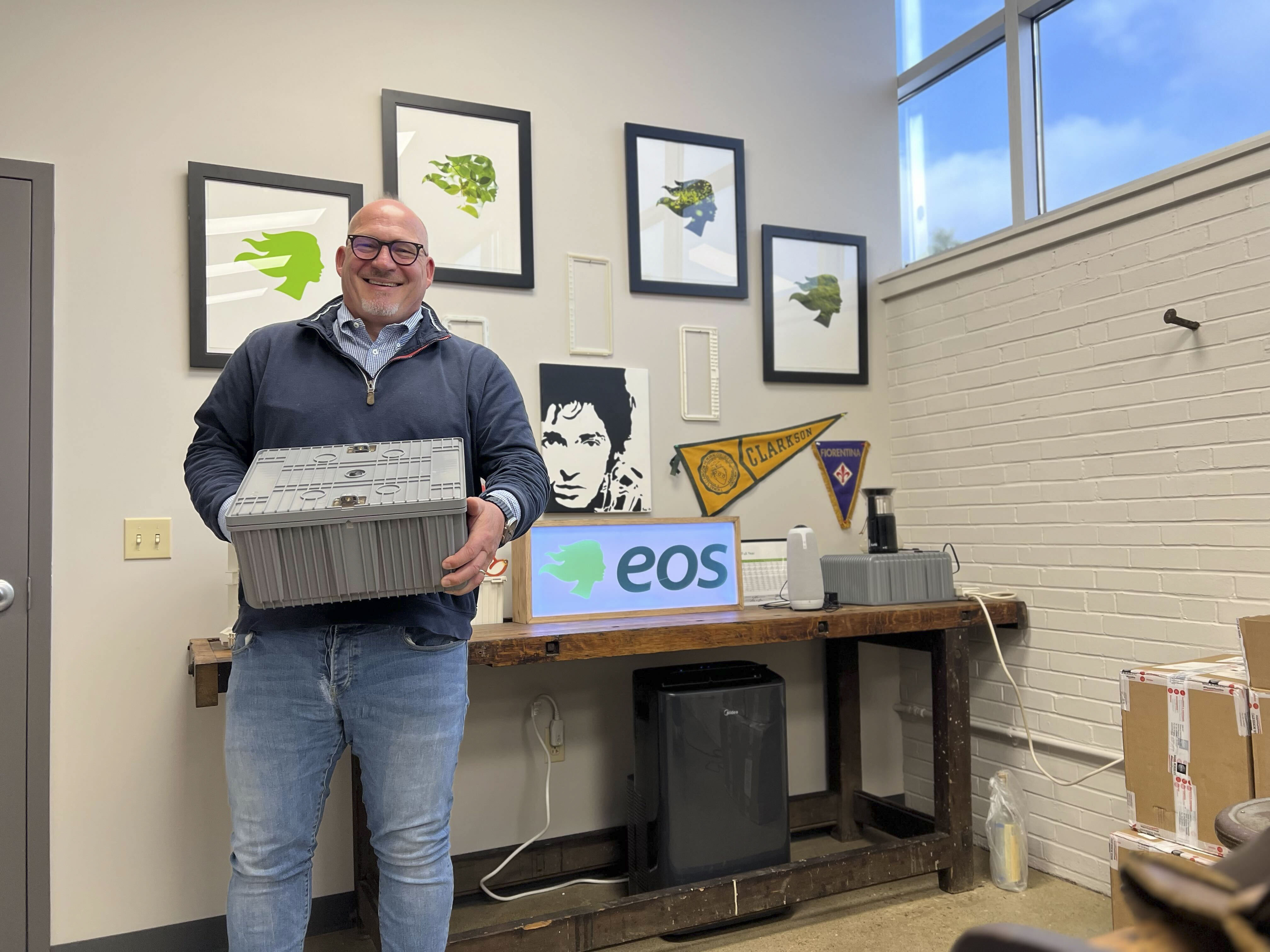 Eos energy Enterprises CEO Joe Mastrangelo poses with the first Z3 battery made by the company. Eos energy Enterprises CEO Joe Mastrangelo poses with the first Z3 battery made by the company.