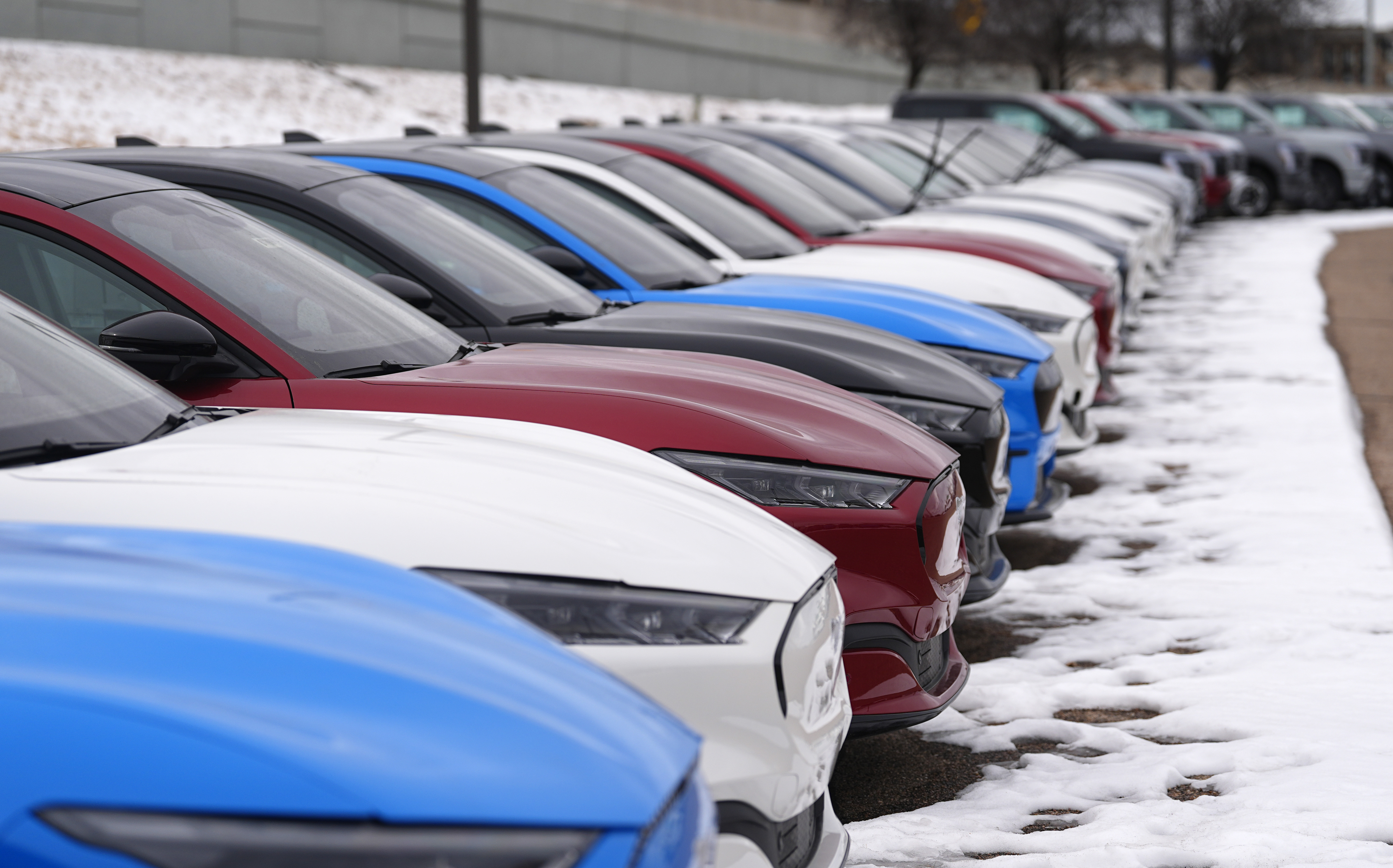 Unsold 2024 Mustang Mach-E electric vehicles sit in a long row at a Ford dealership. Unsold 2024 Mustang Mach-E electric vehicles sit in a long row at a Ford dealership.