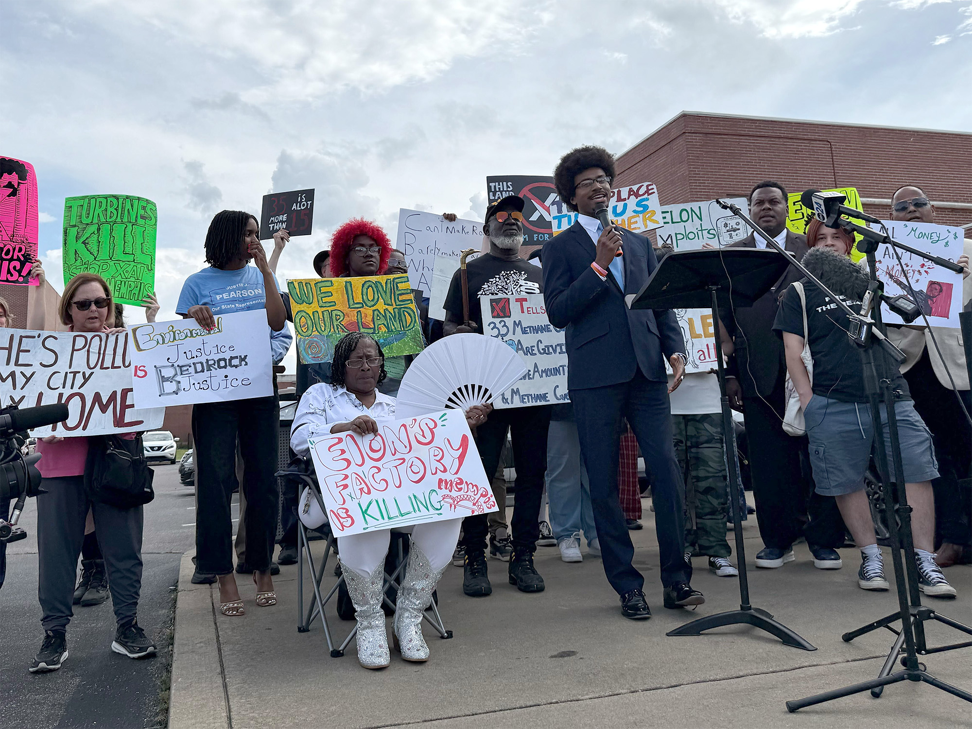 Democratic State Rep. Justin Pearson leads a rally protesting Elon Musk’s xAI in South Memphis.