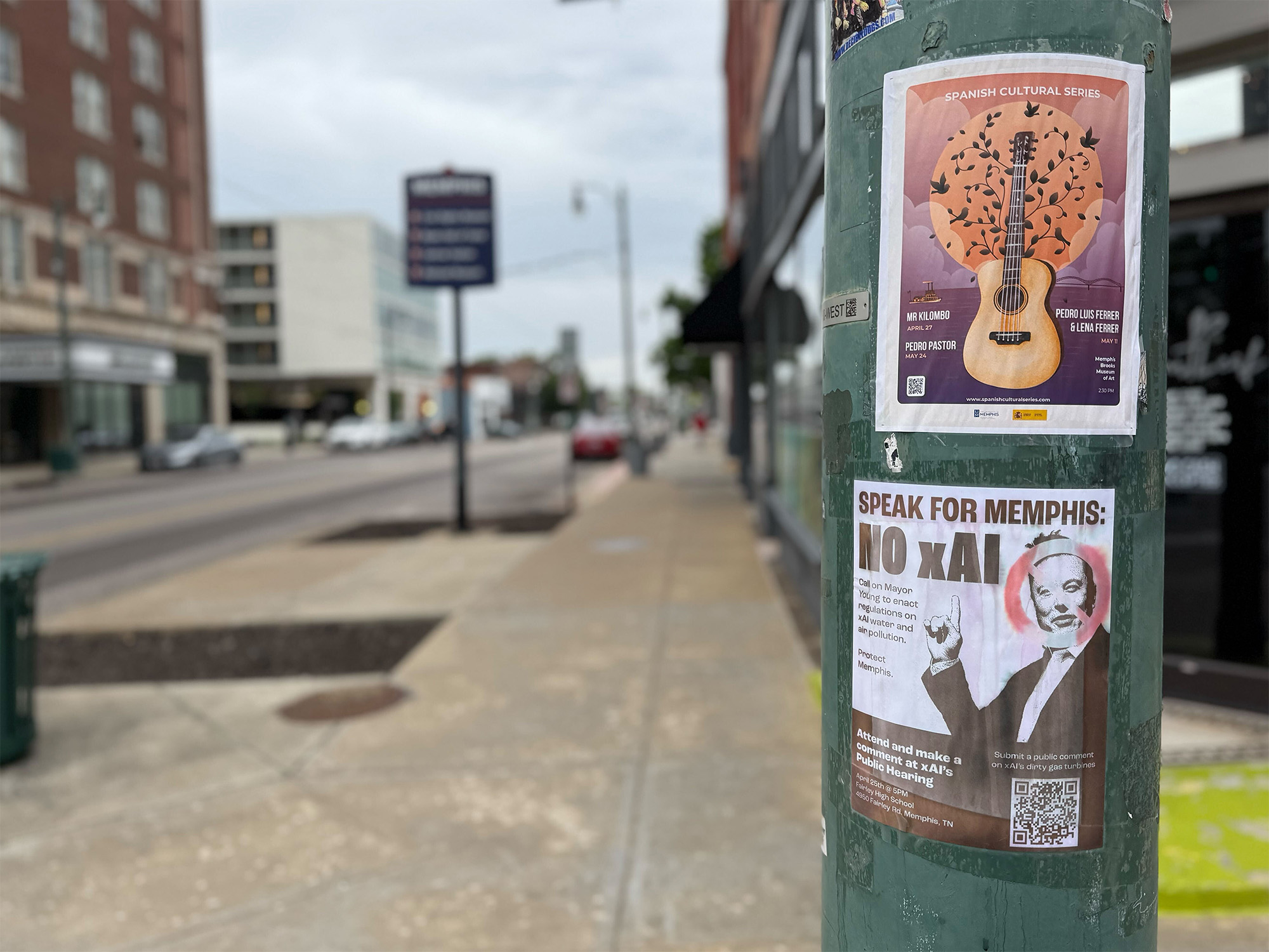 A sign protesting xAI’s gas turbine posted in downtown Memphis.