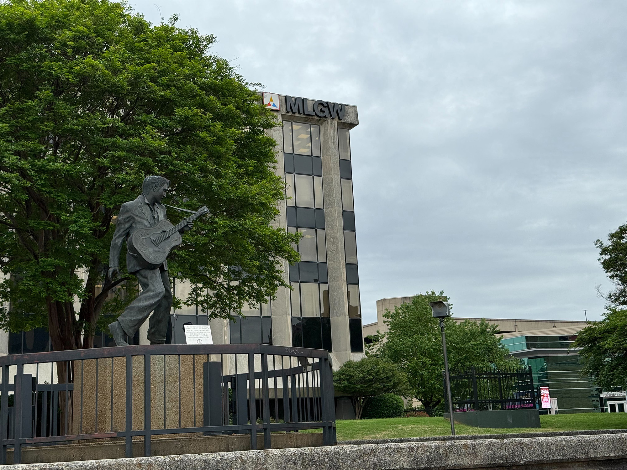 A statue of Elvis sits outside the headquarters of the local utility, Memphis Light Gas and Water.