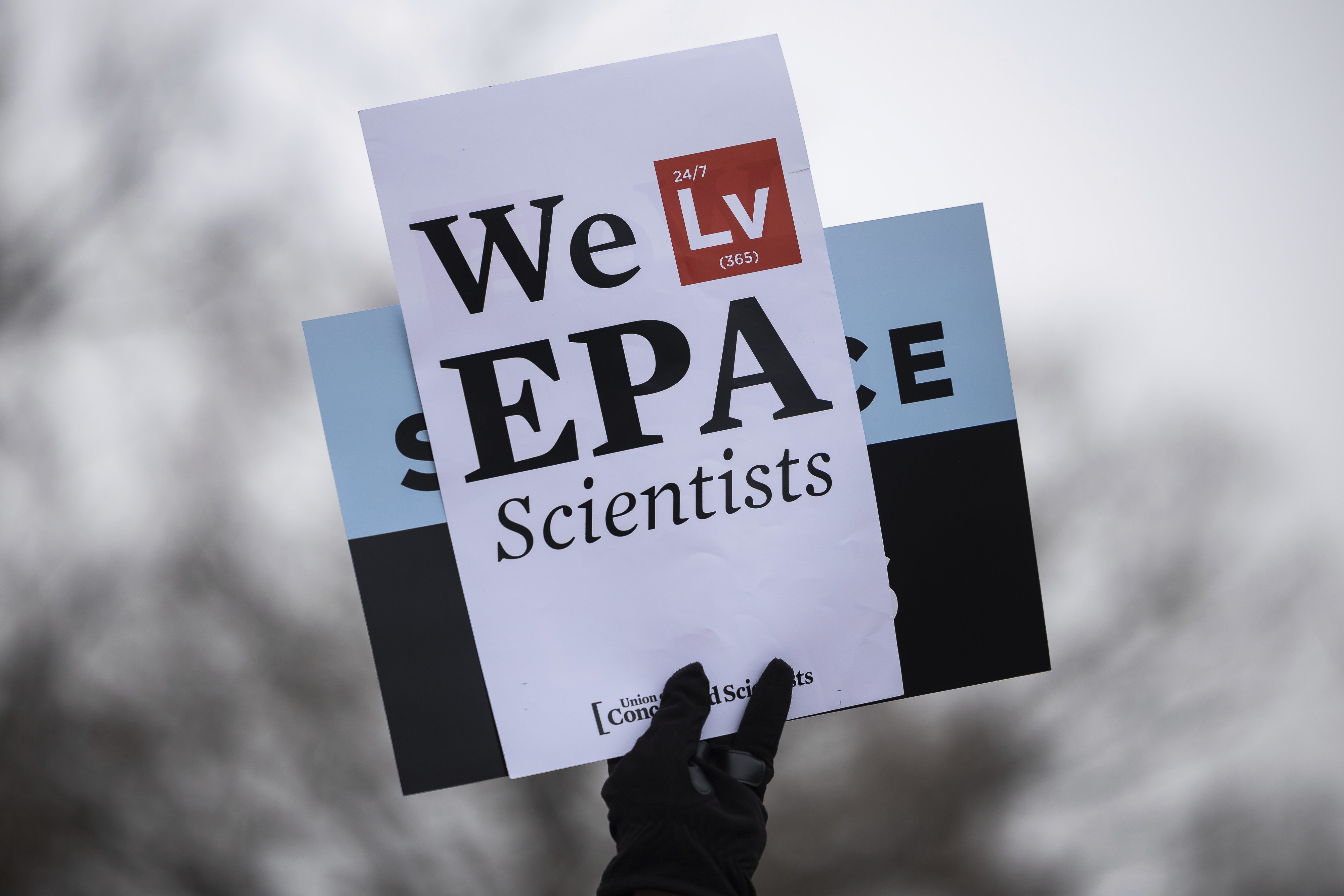 A person holds up a sign supporting EPA scientists during a "Rally to Save the Civil Service." A person holds up a sign supporting EPA scientists during a "Rally to Save the Civil Service."
